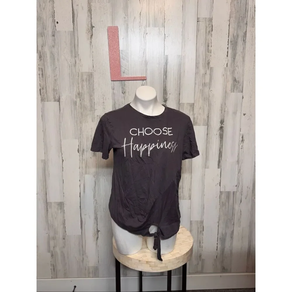 Sweet Soul “Choose Happiness” Graphic Tee Gray Tie-Front Shirt Size Large